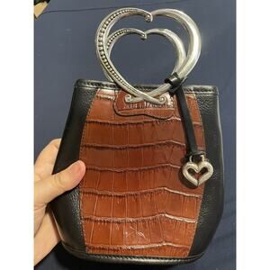 BRIGHTON Corazon Metal heart handles black leather brown croc handbag A512156